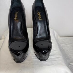 Yves Saint Laurent Tribtoo Black Leather with Patent Toe platform Heels